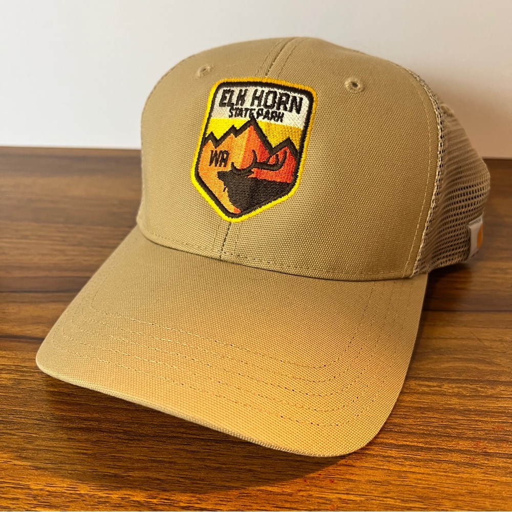 Carhartt Elk Horn State Park WA Trucker Hat Cap Snap back tan embroidered logo